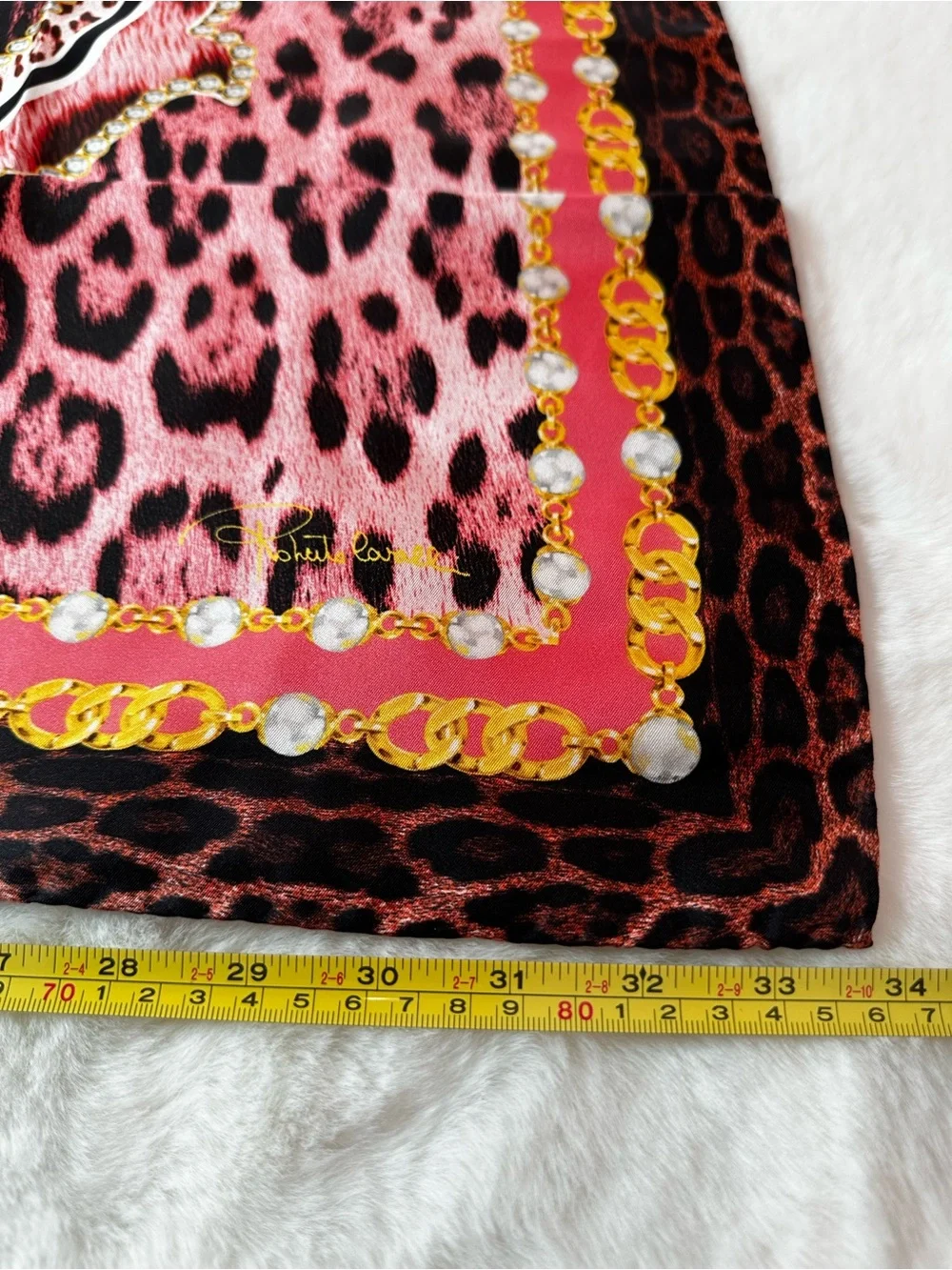 Roberto Cavalli Pink Leopard Print Silk Scarf with Gold Chain Motif